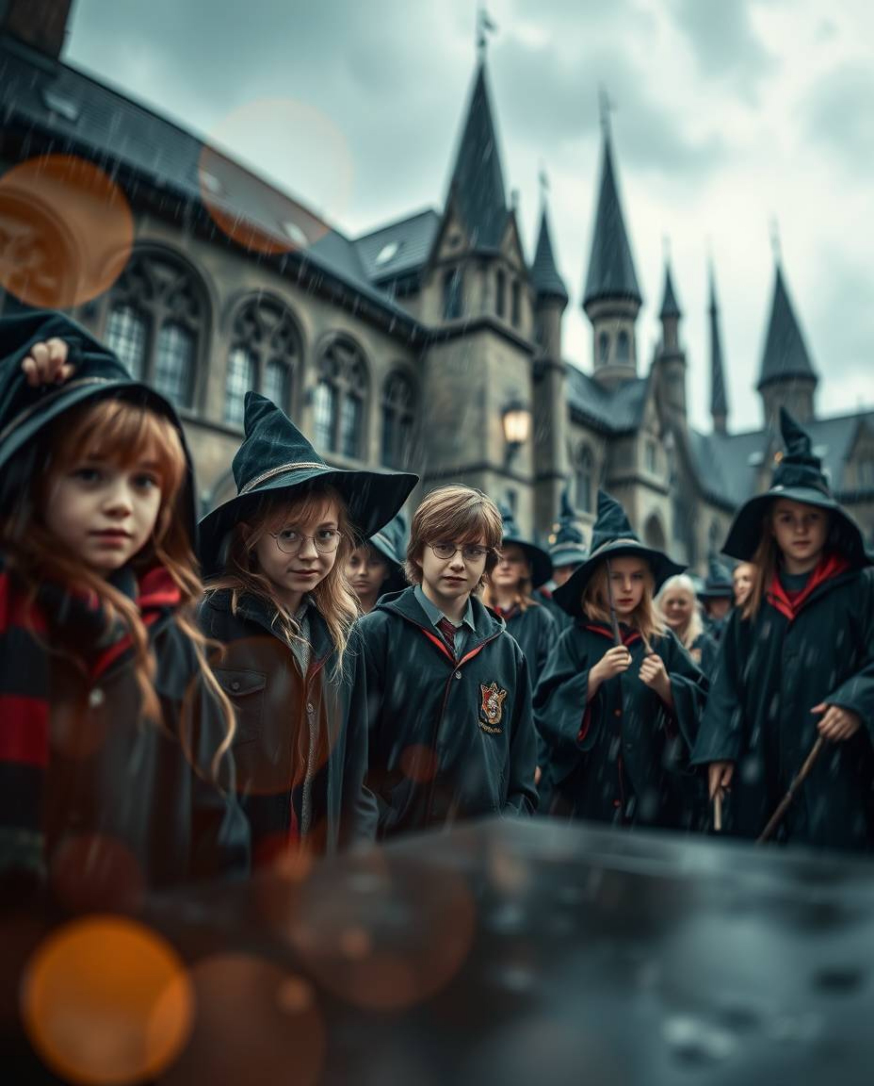 A magical school filled with young wizards is brought to life with intense dramatic weather, a blurred bokeh effect, and a sh