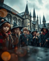 A magical school filled with young wizards is brought to life with intense dramatic weather, a blurred bokeh effect, and a sh