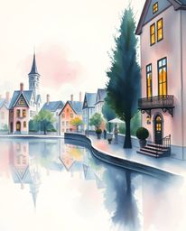 This elegant watercolor painting captures the serene beauty of a sleepy town, featuring pastel-colored houses and iridescent 