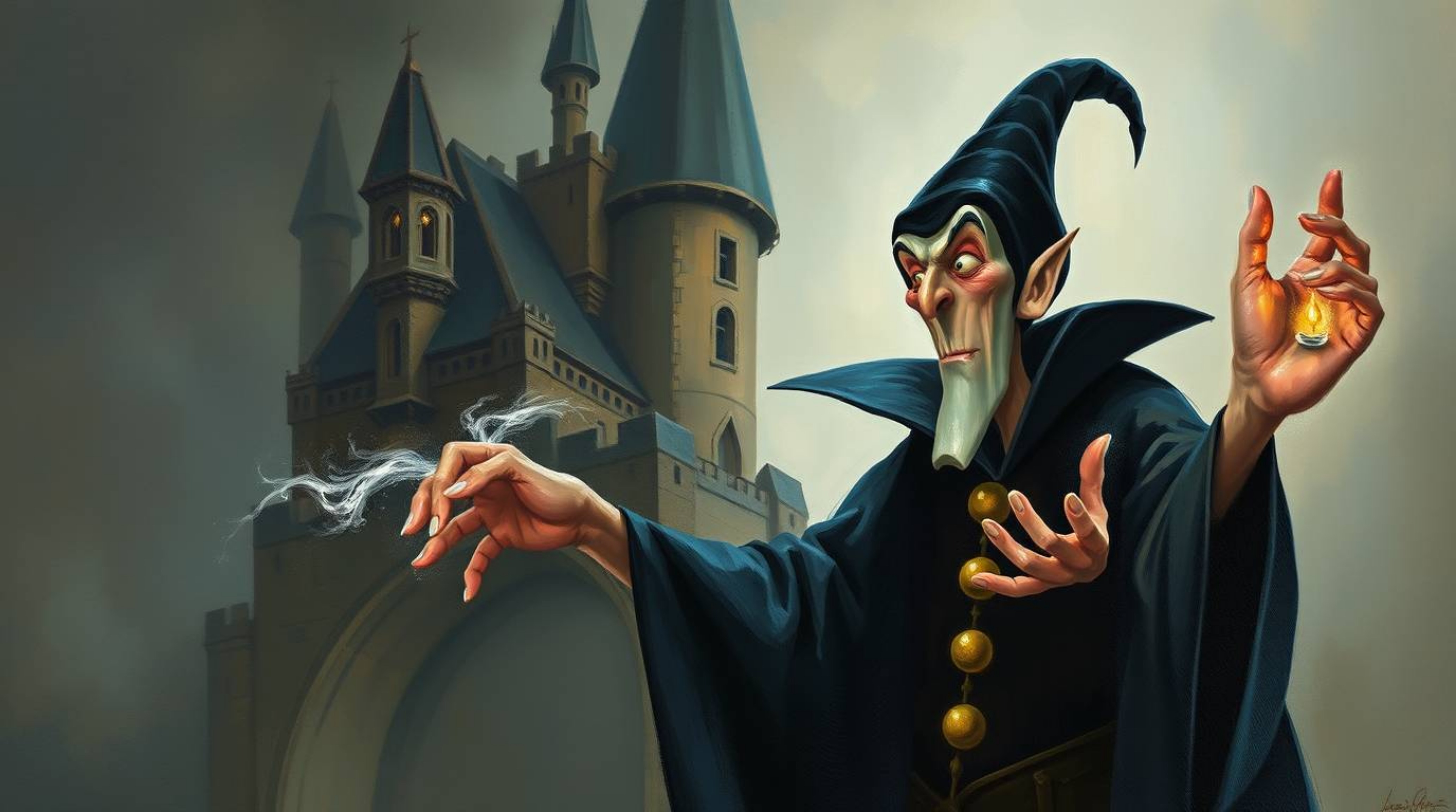 A classic oil painting captures the scene of a classic Disney villain casting a powerful spell within the aged walls of an ol