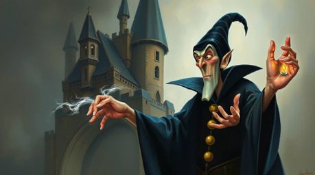 A classic oil painting captures the scene of a classic Disney villain casting a powerful spell within the aged walls of an ol