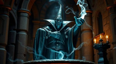 A captivating bronze sculpture depicts a classic Disney villain casting a spell within the walls of an ancient castle. The a