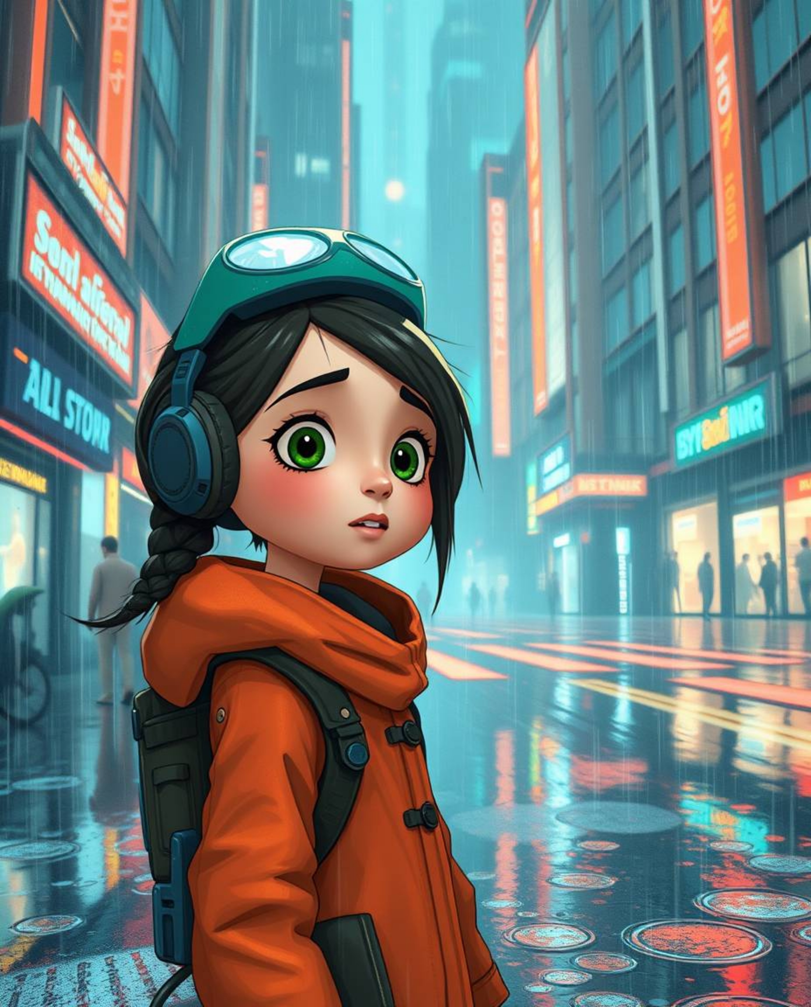 A captivating digital illustration in a Pixar-like style showcases a young, inventive girl navigating a futuristic city on a 
