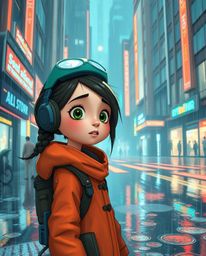 A captivating digital illustration in a Pixar-like style showcases a young, inventive girl navigating a futuristic city on a
