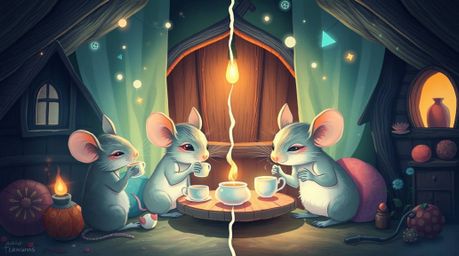 A captivating digital illustration depicts anthropomorphic mice enjoying a tea party in a cozy cottage.  The scene is split i