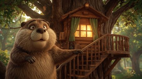 A highly detailed, high-resolution stock photo shows an anthropomorphic beaver with bright, expressive brown eyes and soft, f