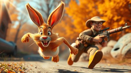 Experience a vibrant and high-energy scene featuring a wacky rabbit with exaggerated features and bright orange fur, outrunni