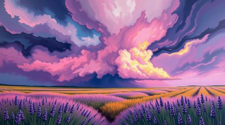 A captivating acrylic painting showcasing lavender fields bathed in a stormy pink sky. This artwork evokes intense dramatic w