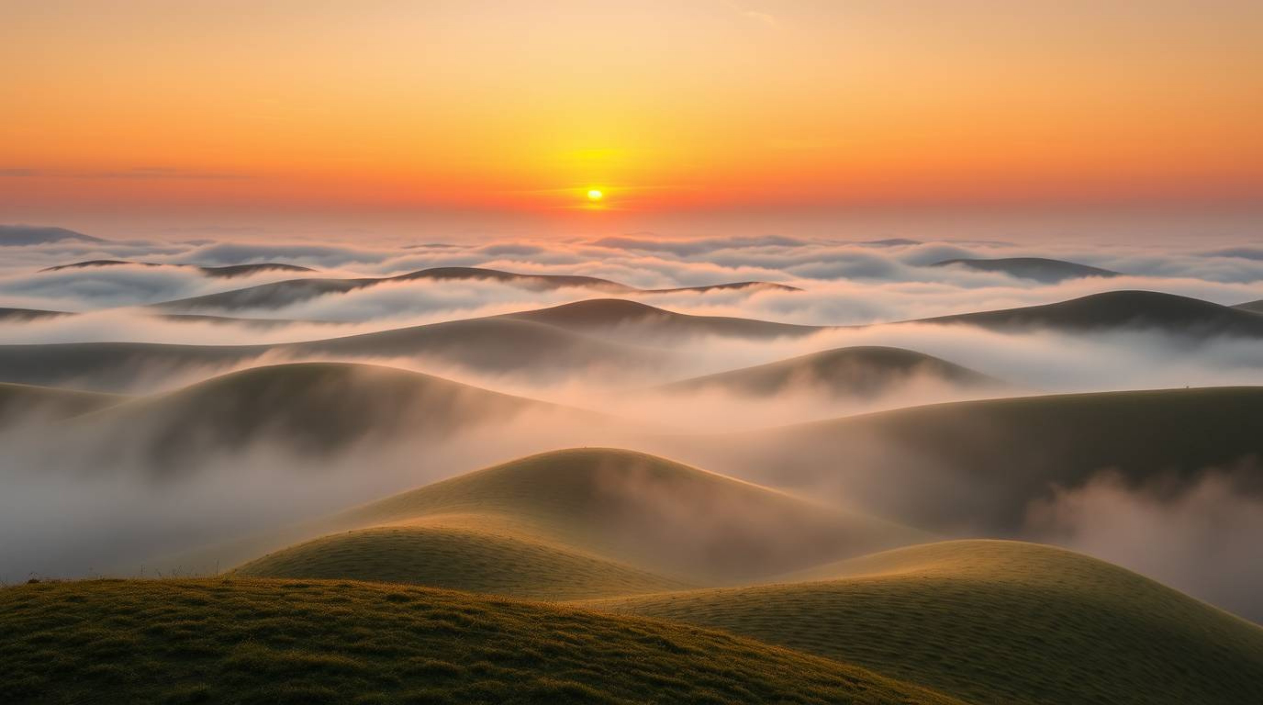 A stunning high-resolution stock photo capturing the essence of dynamic, fog-covered hills bathed in the warm glow of a setti