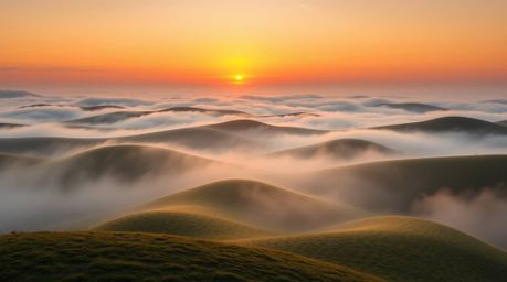 A stunning high-resolution stock photo capturing the essence of dynamic, fog-covered hills bathed in the warm glow of a setti