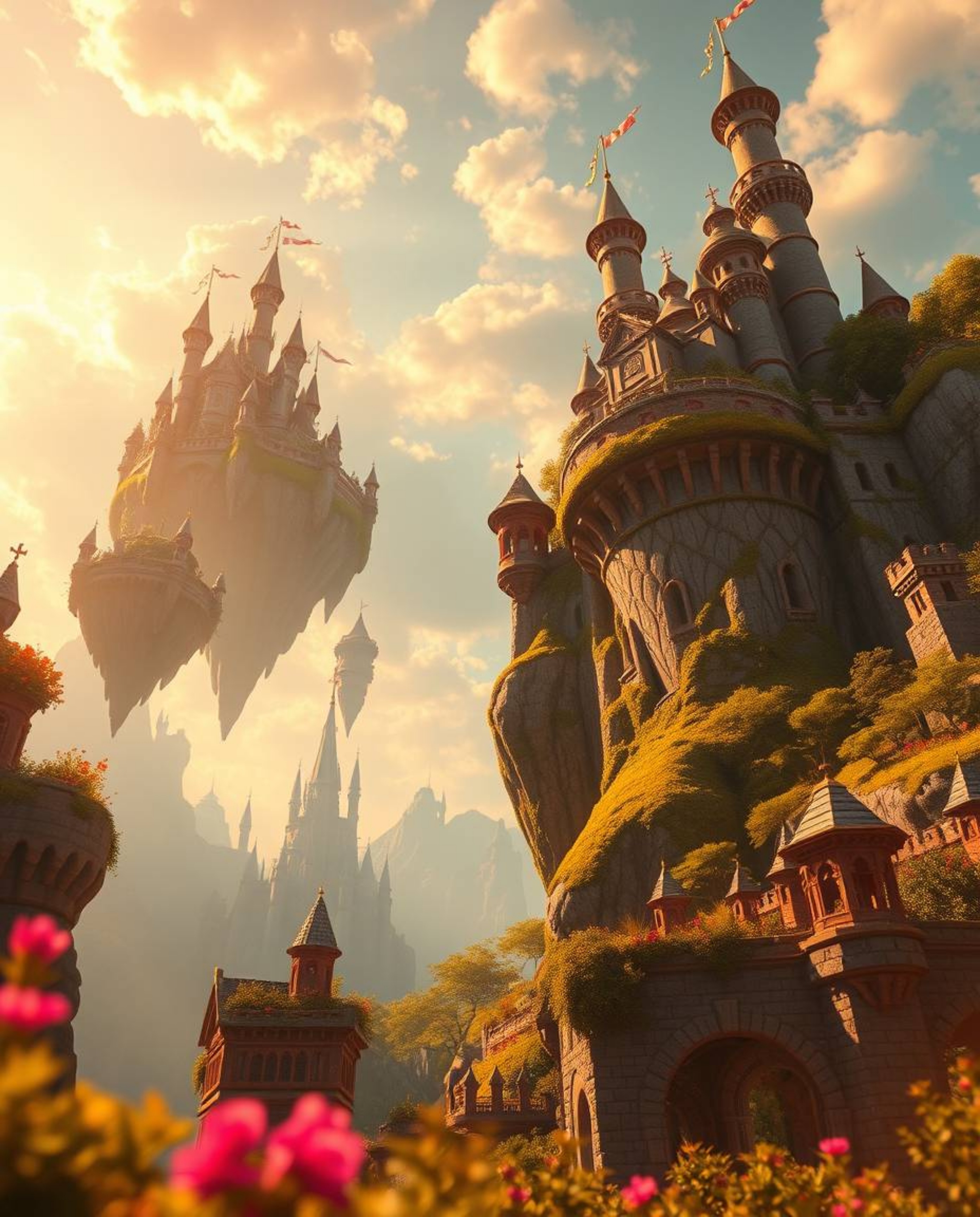 A captivating digital painting depicts a vibrant kingdom with floating islands and majestic castles bathed in the warm, soft 