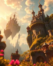 A captivating digital painting depicts a vibrant kingdom with floating islands and majestic castles bathed in the warm, soft