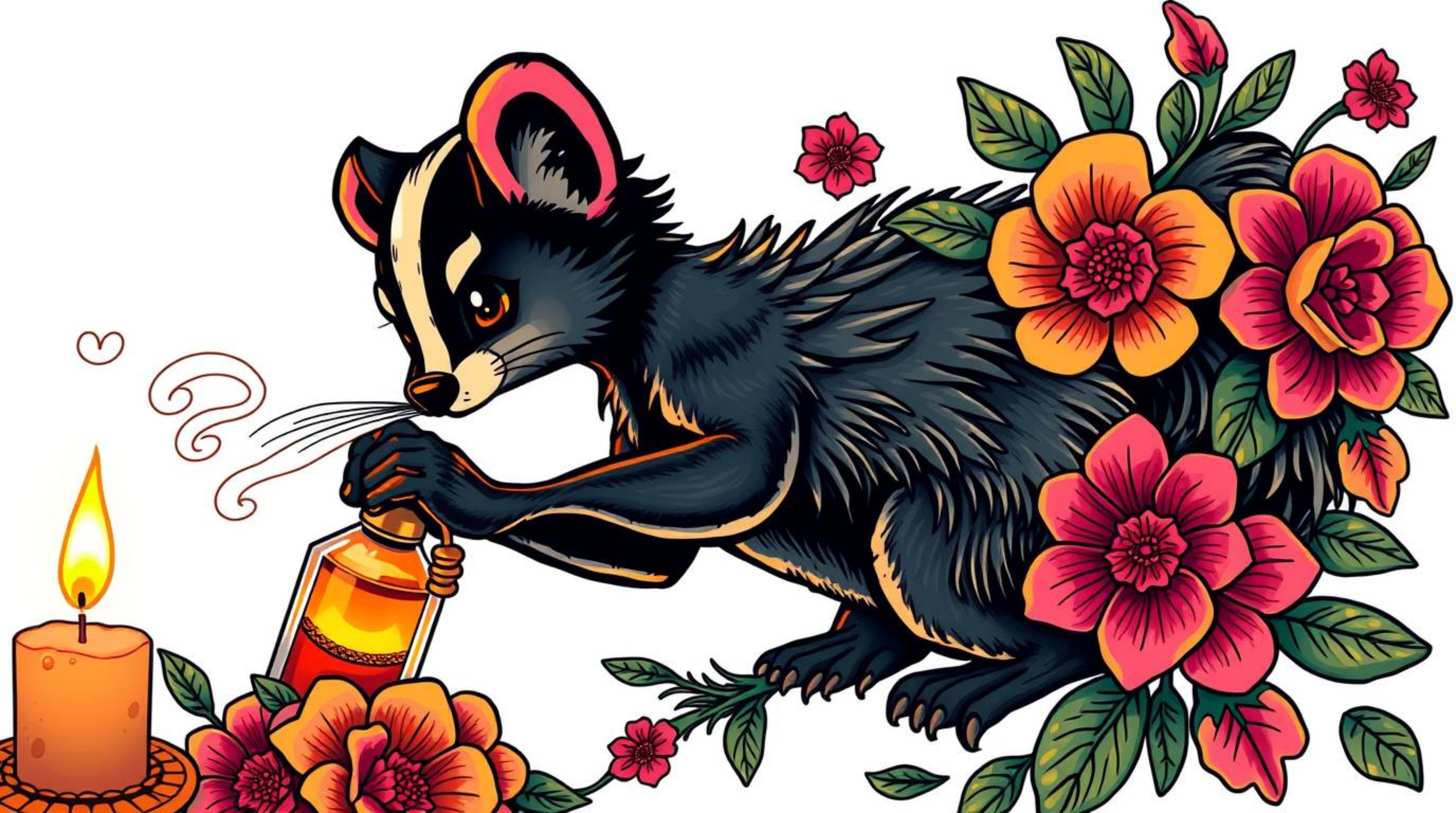 This vibrant retro-style tattoo print showcases a charming cartoon skunk spraying perfume on flowers, rendered in warm, invit