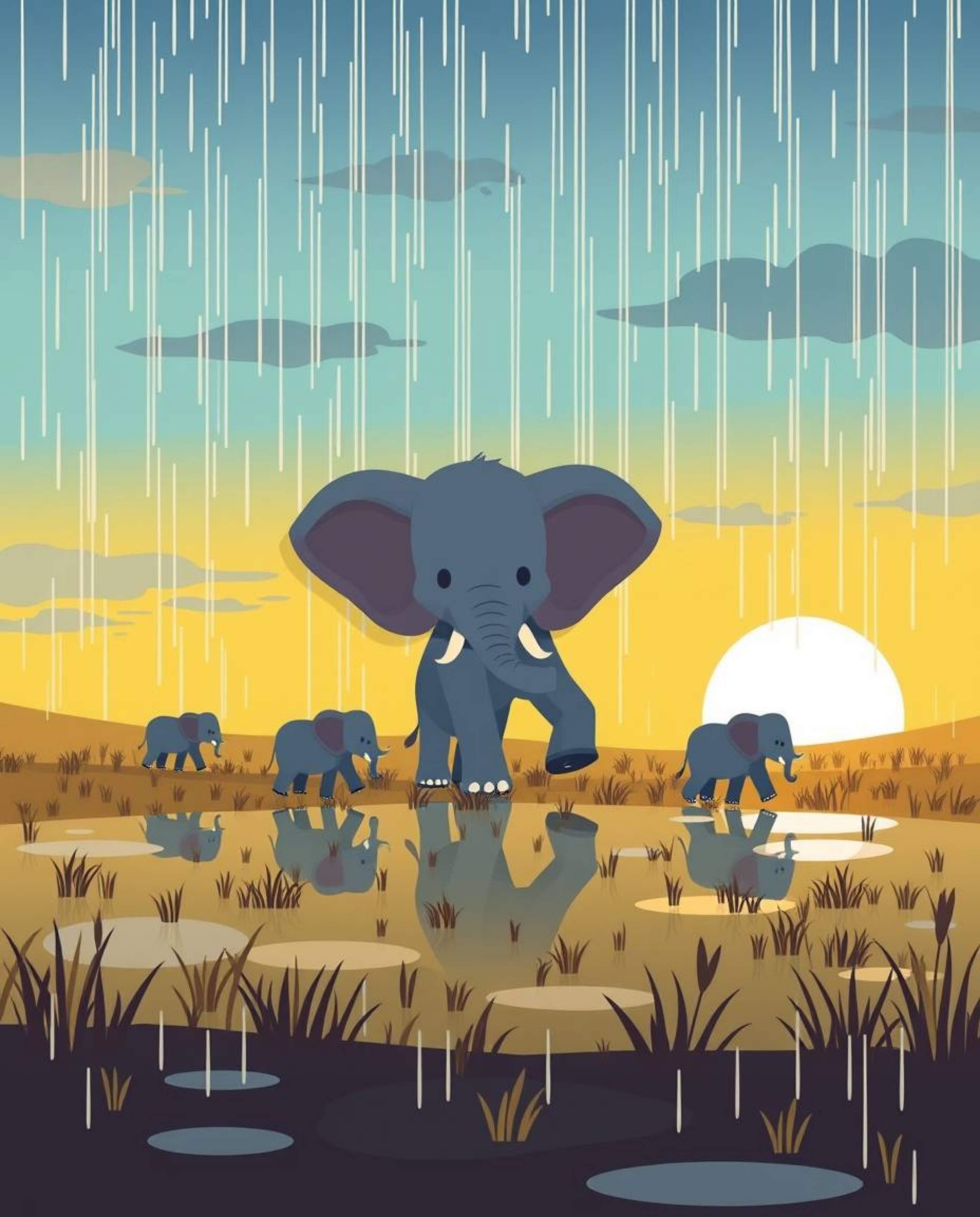 This is a modern flat design illustration featuring adorable and charming elephants walking across a field at sunset during a
