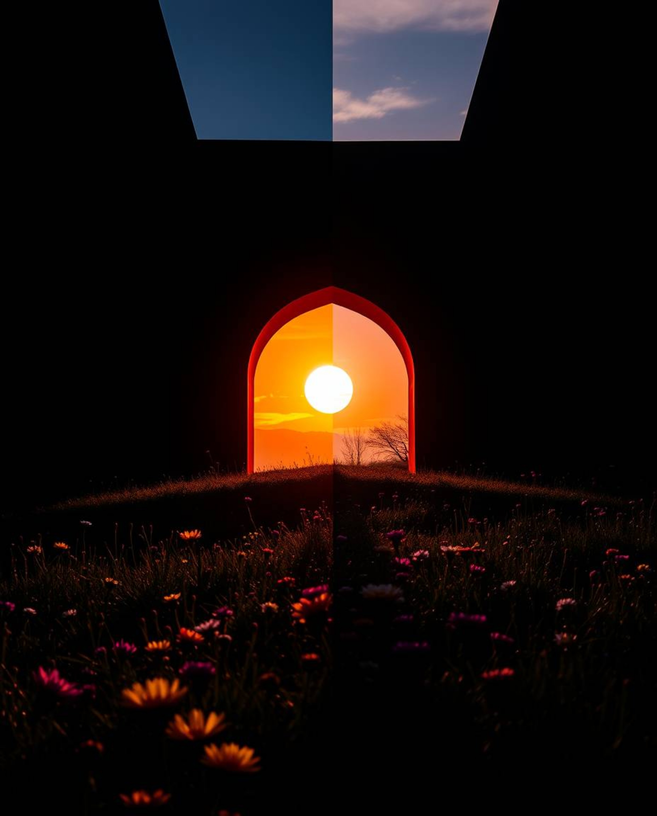 A precise architectural color photograph capturing a unique split sunset over a spring wildflower meadow. This wide-angle sho