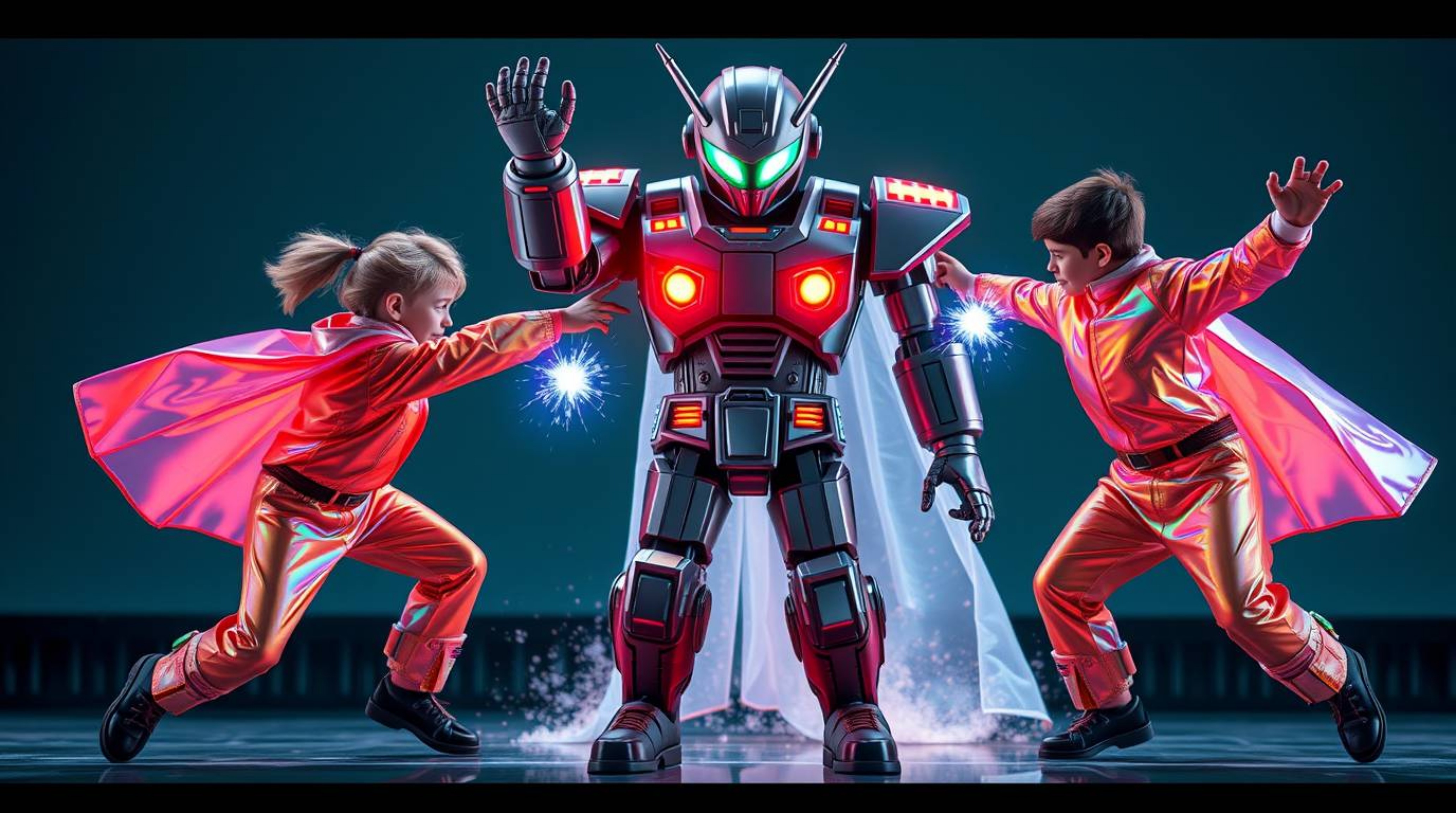 A stunning high-resolution stock photo depicts three superpowered children in iridescent costumes battling a formidable robot