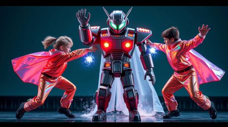 A stunning high-resolution stock photo depicts three superpowered children in iridescent costumes battling a formidable robot
