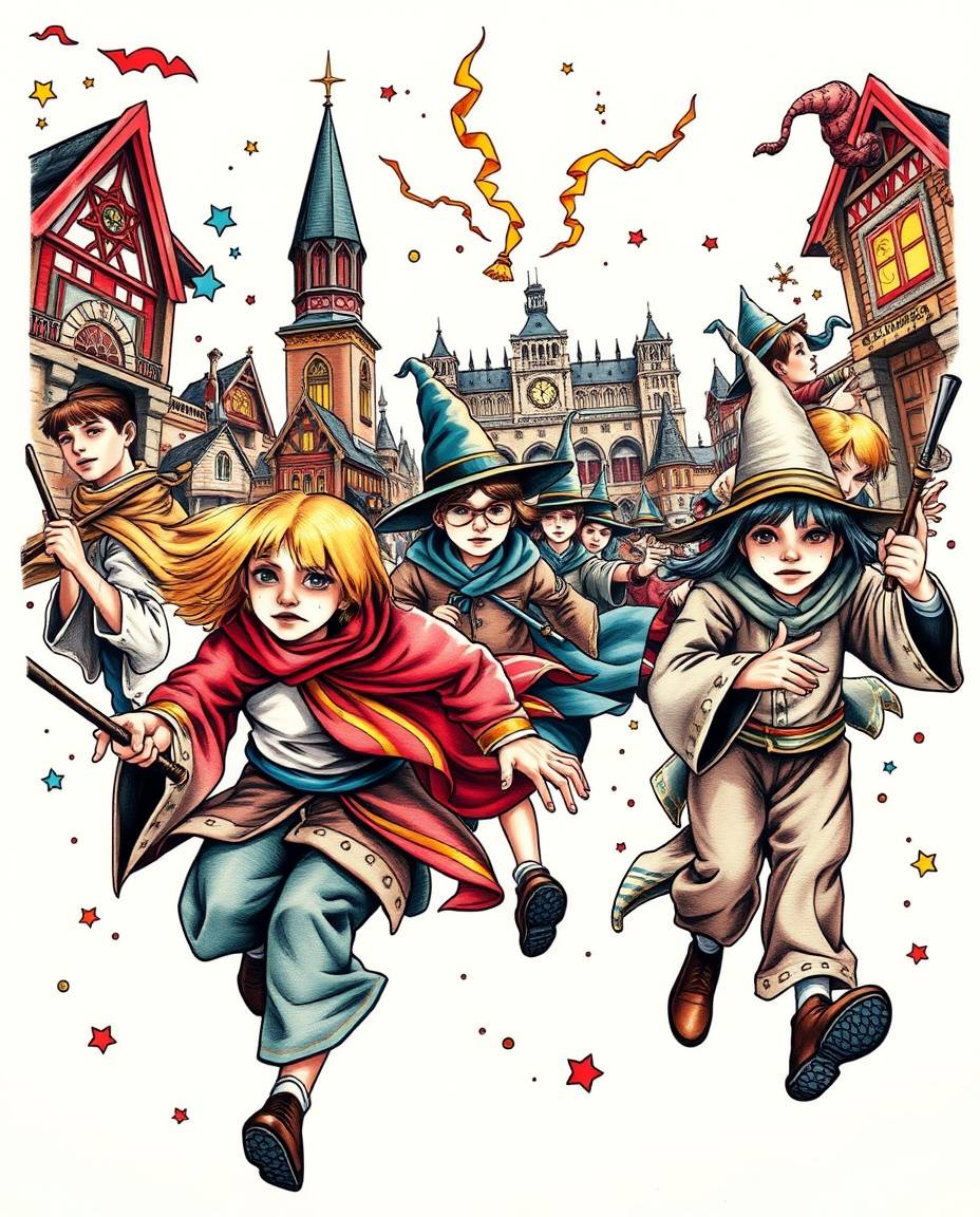 This vibrant and dynamic traditional tattoo art print captures the bustling energy of a magical school filled with young wiza