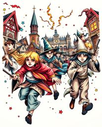 This vibrant and dynamic traditional tattoo art print captures the bustling energy of a magical school filled with young wiza