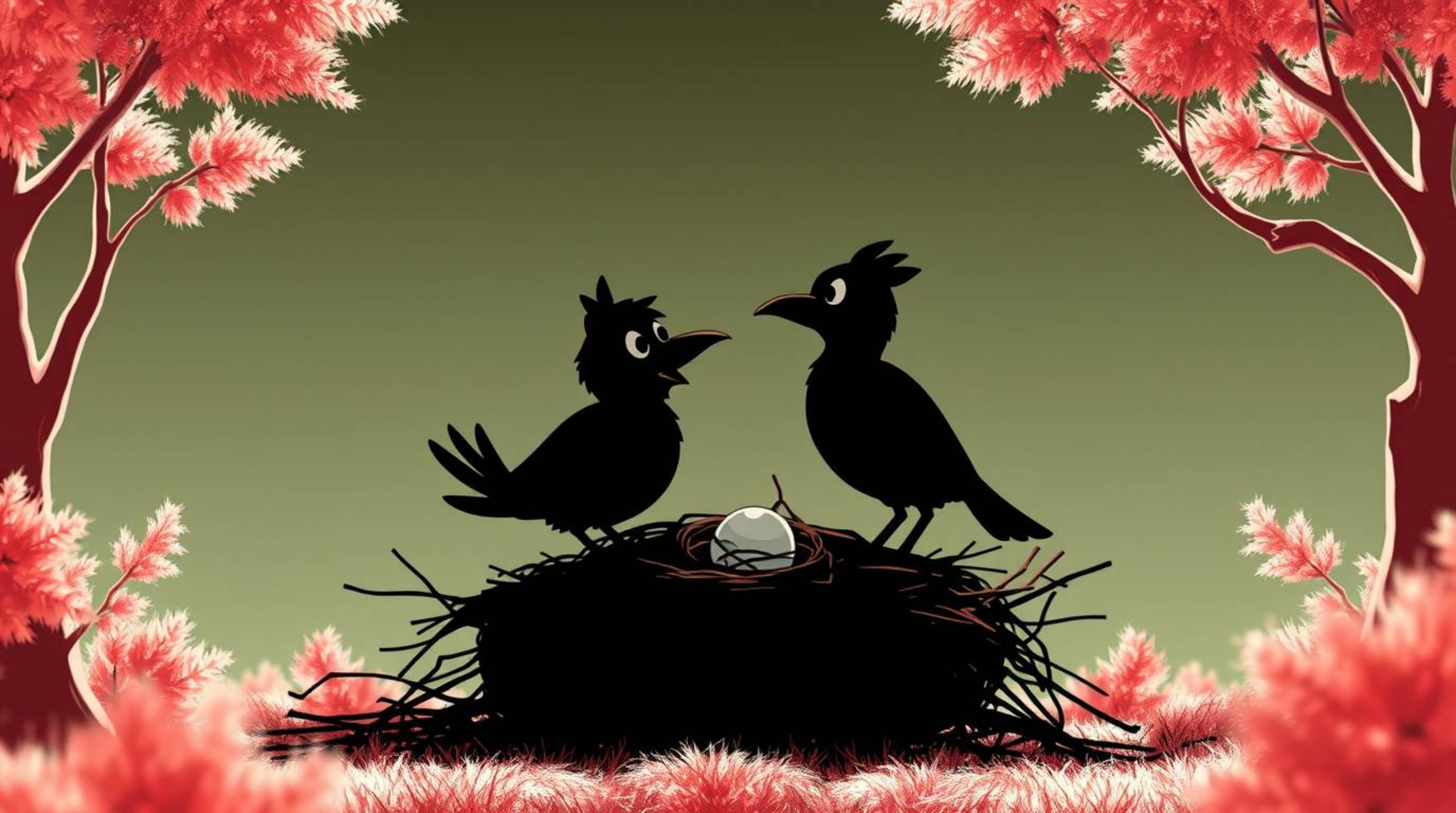 A captivating image showcases two cartoon birds meticulously constructing a nest, rendered in a classic animation style.  The