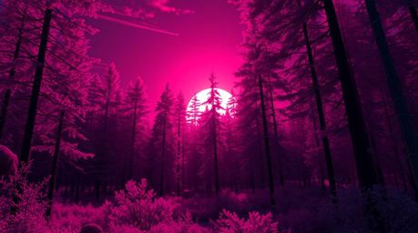 Immerse yourself in a surreal digital painting showcasing a futuristic sci-fi landscape.  The artwork features infrared tones
