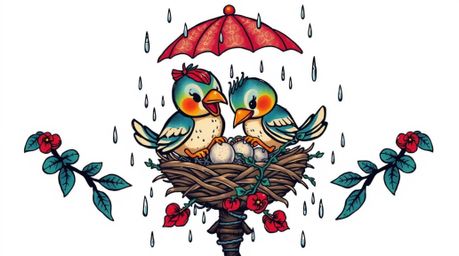 A vibrant, retro-style tattoo art print featuring two cartoon birds building a nest in a classic animation style. Set agains