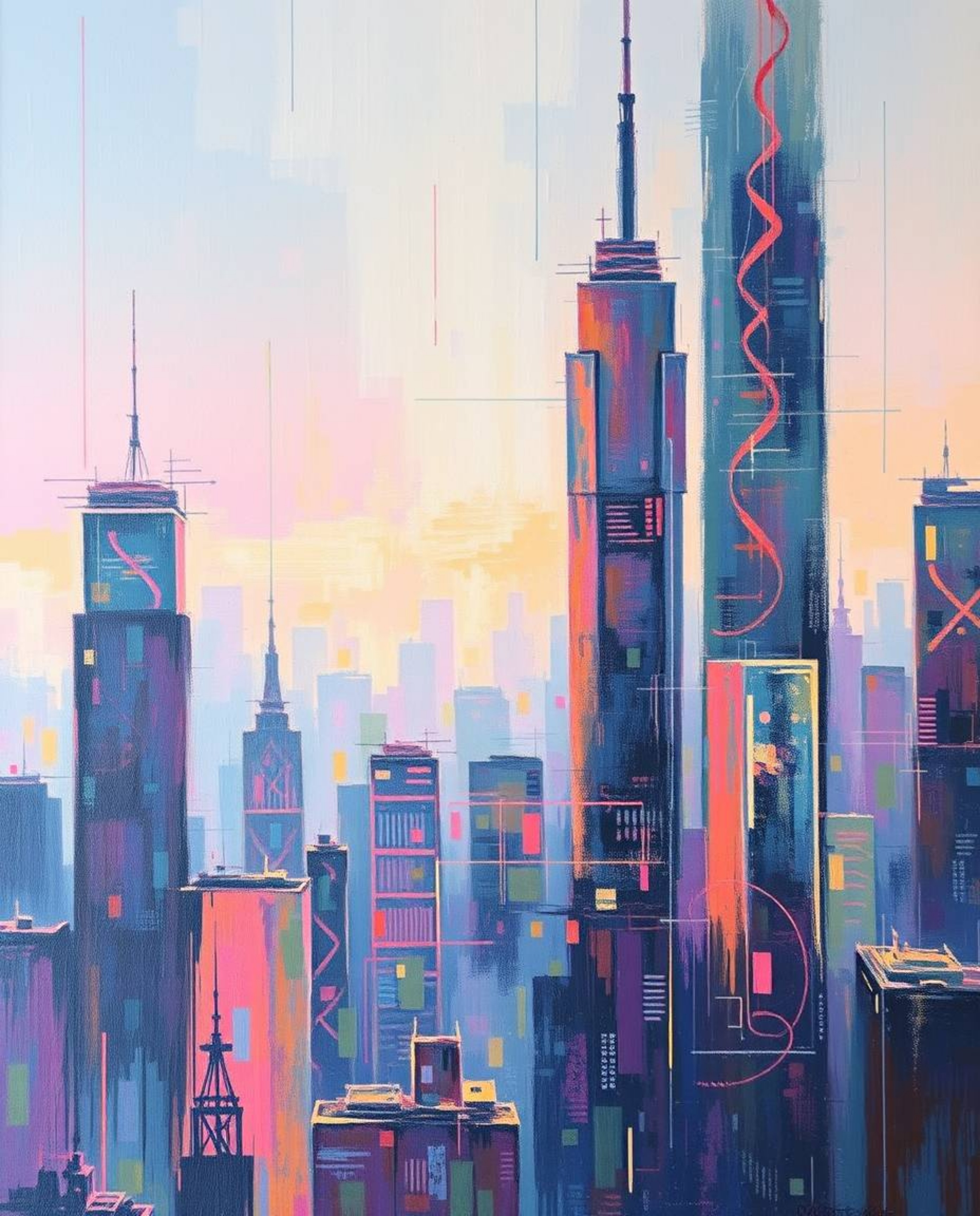 A captivating acrylic painting depicts a glitchy digital landscape featuring distorted skyscrapers and static noise. The artw