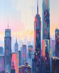 A captivating acrylic painting depicts a glitchy digital landscape featuring distorted skyscrapers and static noise. The artw