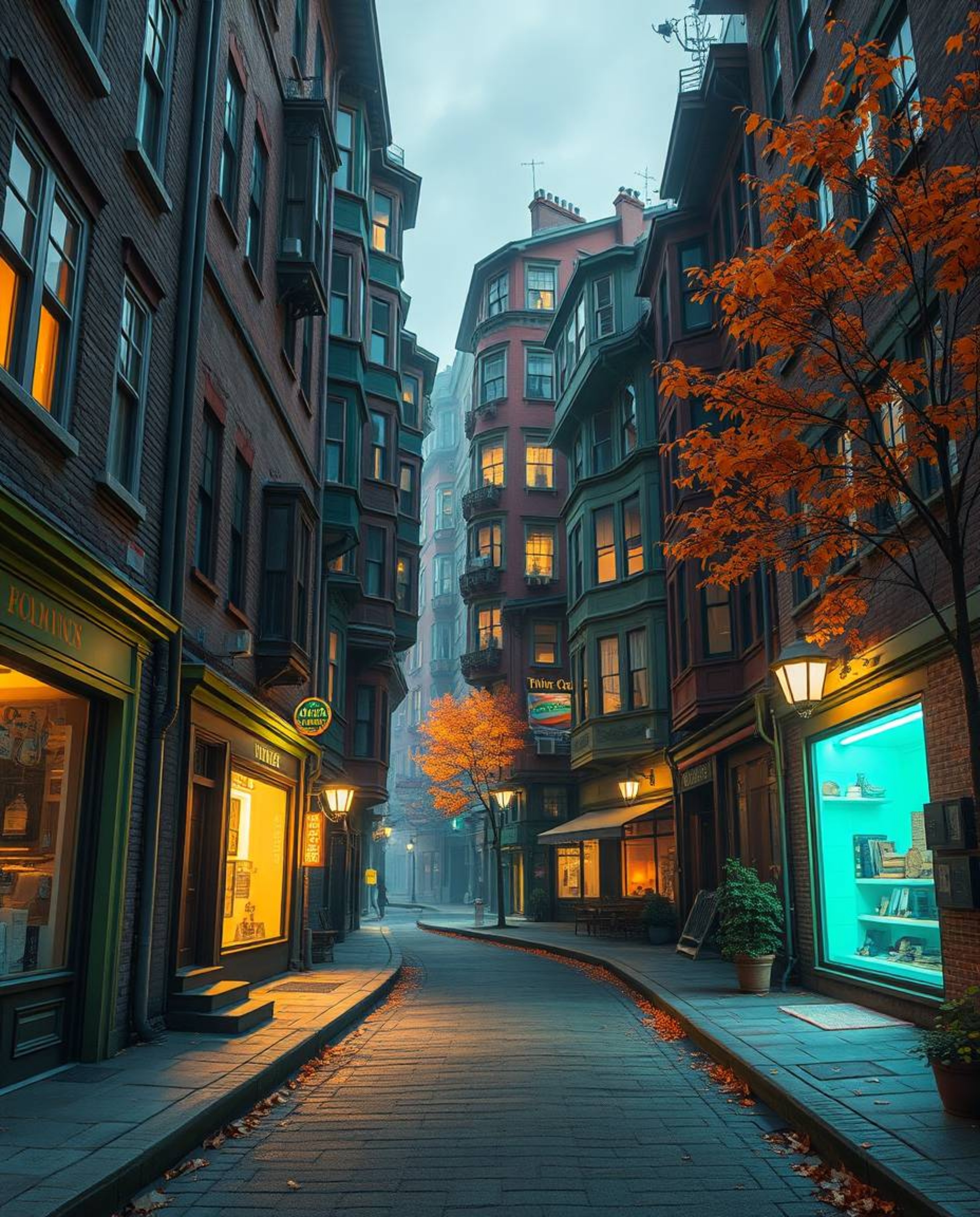 Immerse yourself in a surreal street scene where buildings fold and twist in impossible ways, illuminated by a glowing biolum