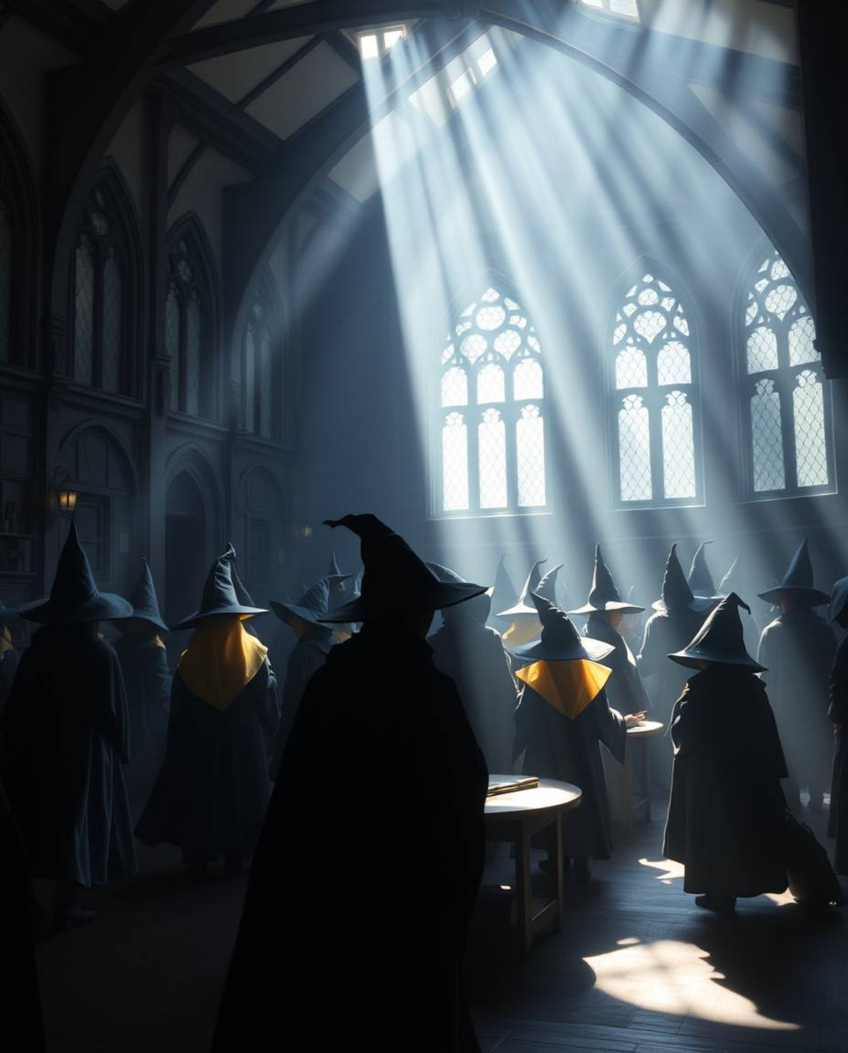 Discover a captivating image of a magical school brimming with young wizards.  Bathed in gentle, soft light and featuring dif