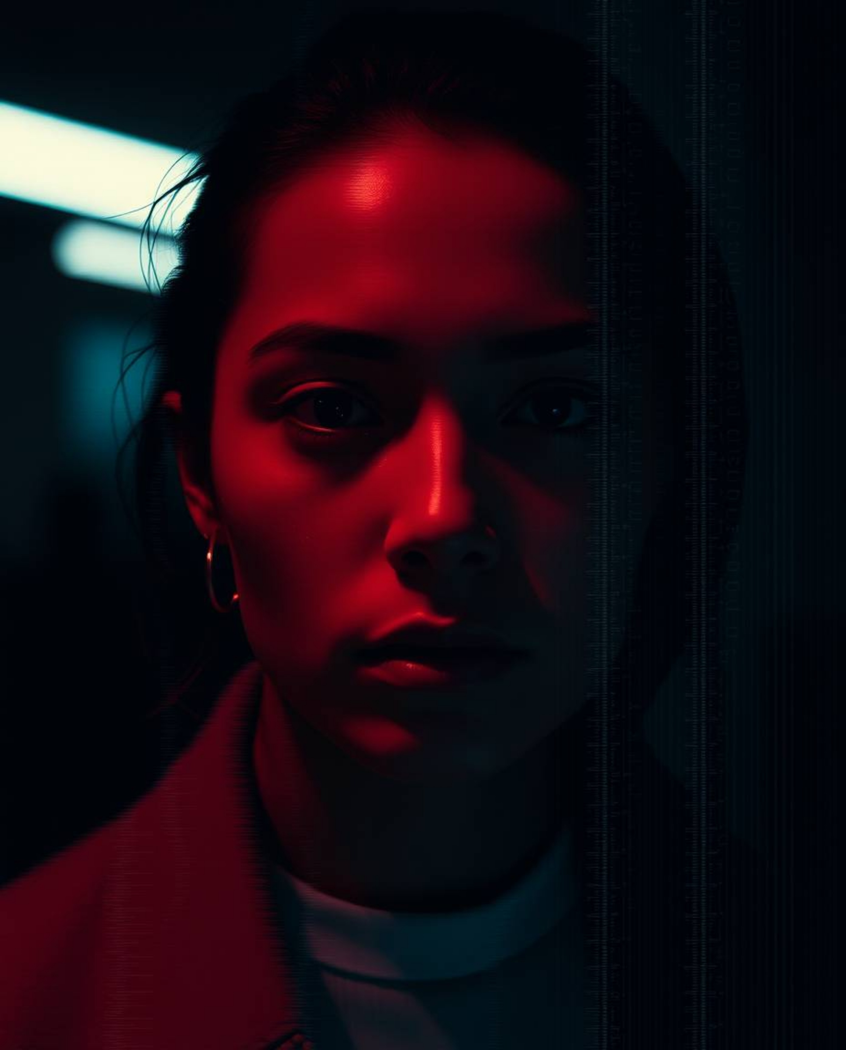 Explore a moody and captivating high-resolution digital glitch art portrait, featuring a unique corrupted data and pixelated 