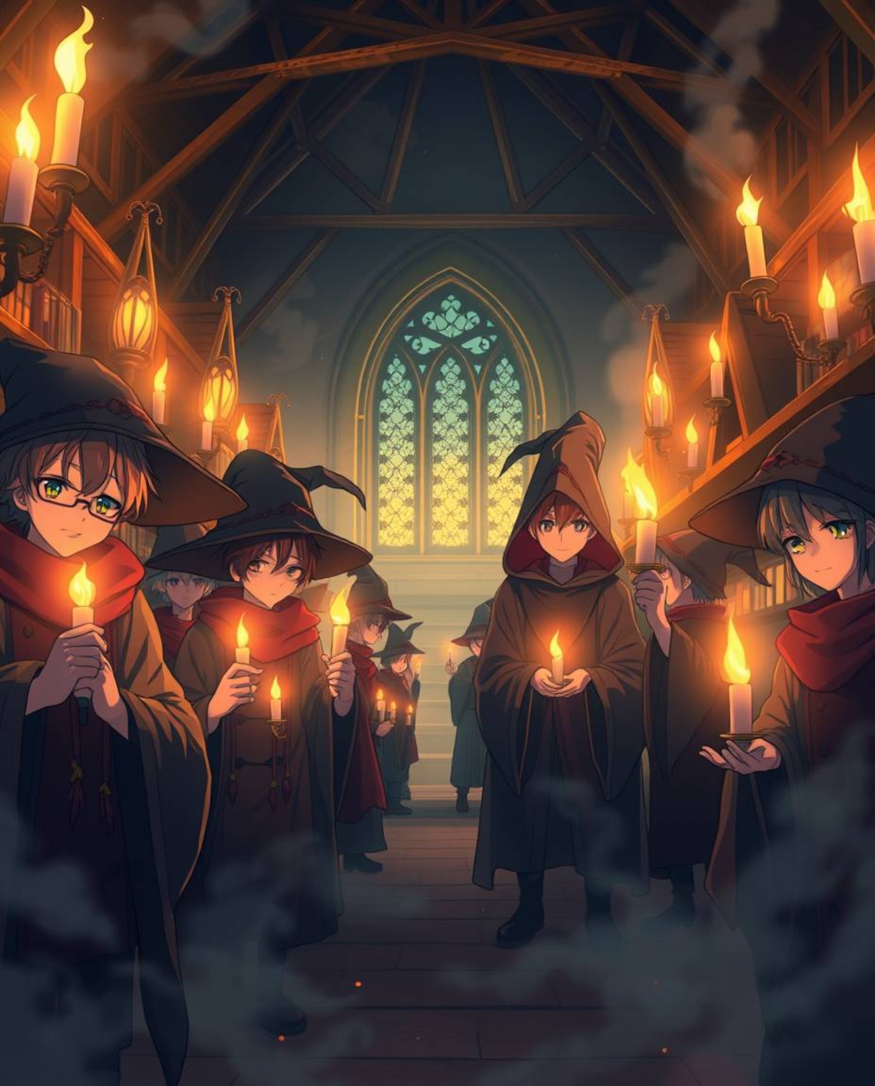Immerse yourself in a captivating isekai anime style depicting a magical school brimming with young wizards. The scene is bat