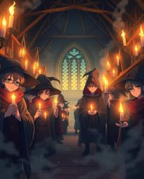 Immerse yourself in a captivating isekai anime style depicting a magical school brimming with young wizards. The scene is bat