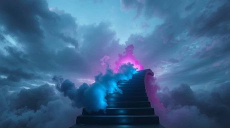 A captivating image of a winding stairway crafted from smoke and light, glowing with bioluminescent colors against a vast, cl