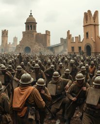 Explore a captivating battlefield scene featuring time-warped soldiers and crumbling buildings rendered in natural earth tone