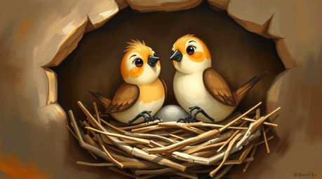 This stunning artwork features two cartoon birds diligently building a nest, rendered in a classic oil painting style. The pi