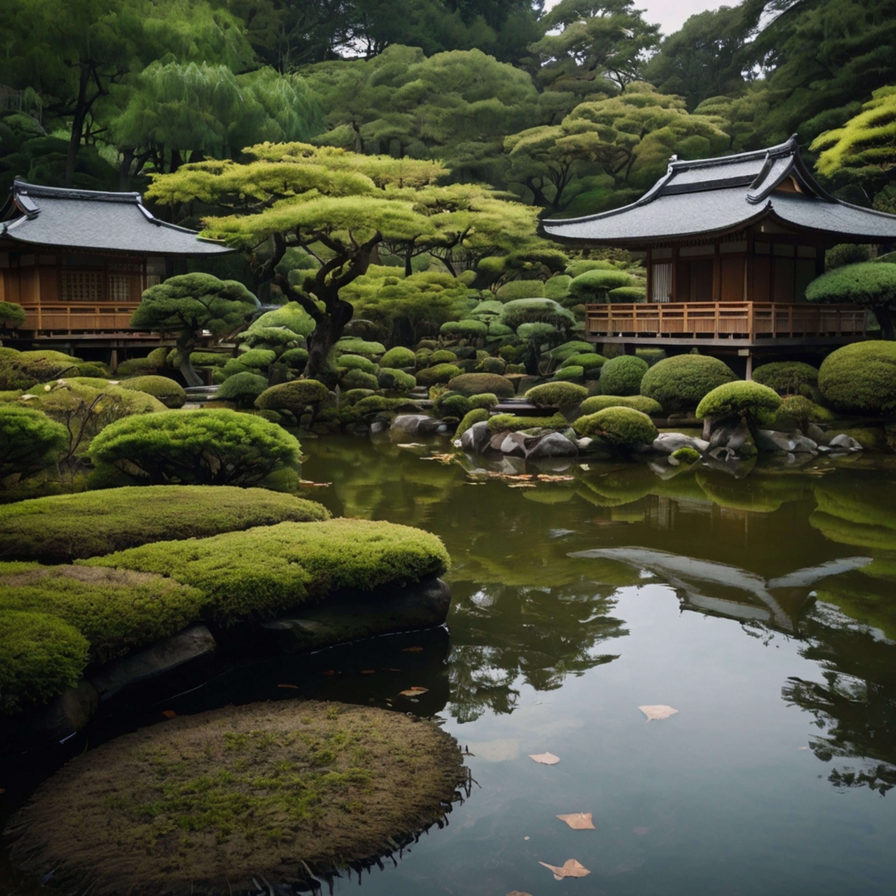 Discover the serenity of a Japanese Zen garden featuring traditional wooden tea houses and a tranquil pond.  Immerse yourself