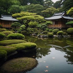Discover the serenity of a Japanese Zen garden featuring traditional wooden tea houses and a tranquil pond.  Immerse yourself