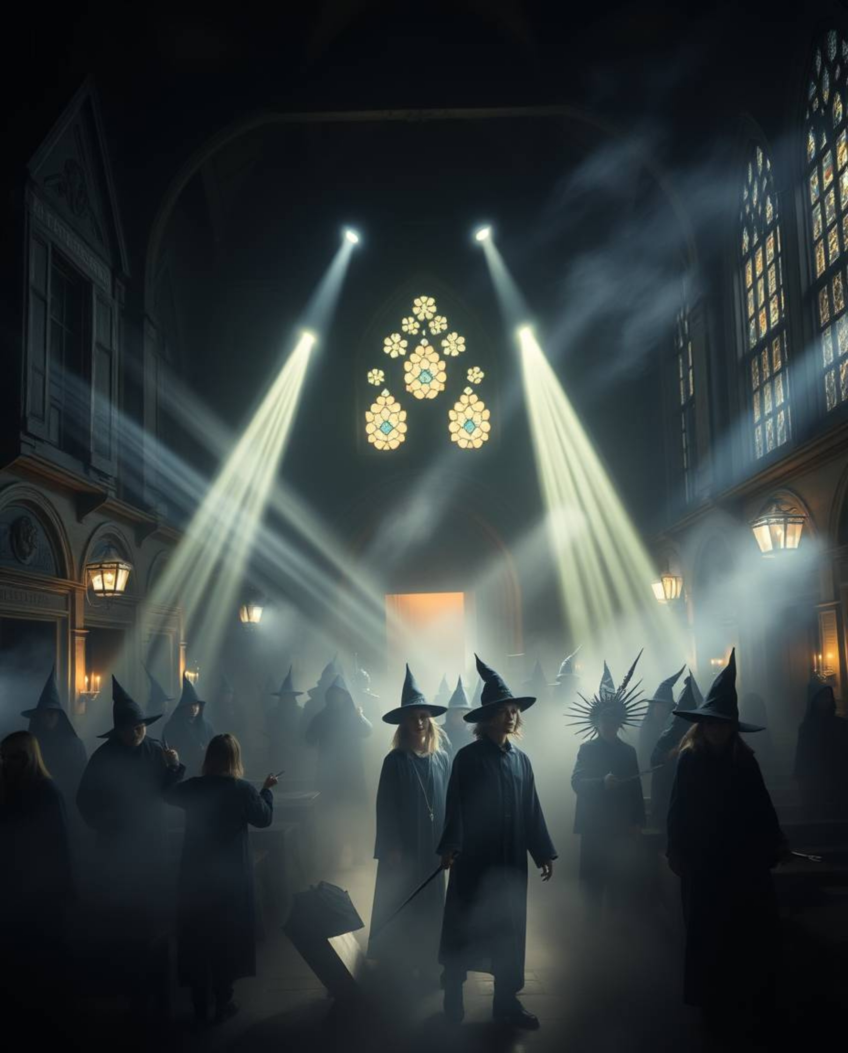 Step into a magical school teeming with young wizards, illuminated by ethereal volumetric lighting that pierces through dust 