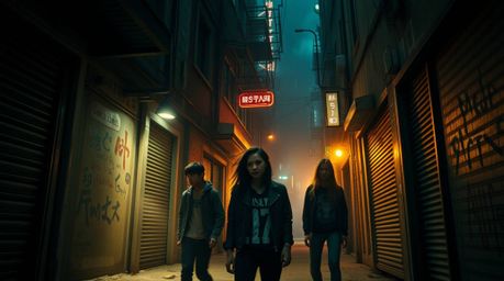 Experience a dramatic and cinematic journey into a grungy city alley, teeming with rebellious teens. This dreamlike atmospher