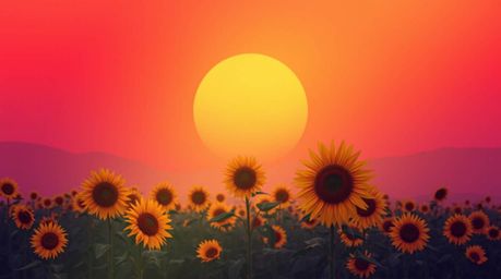 A stunning flat design illustration depicting a sunflower field bathed in soft golden hour light under a dramatic deep red an