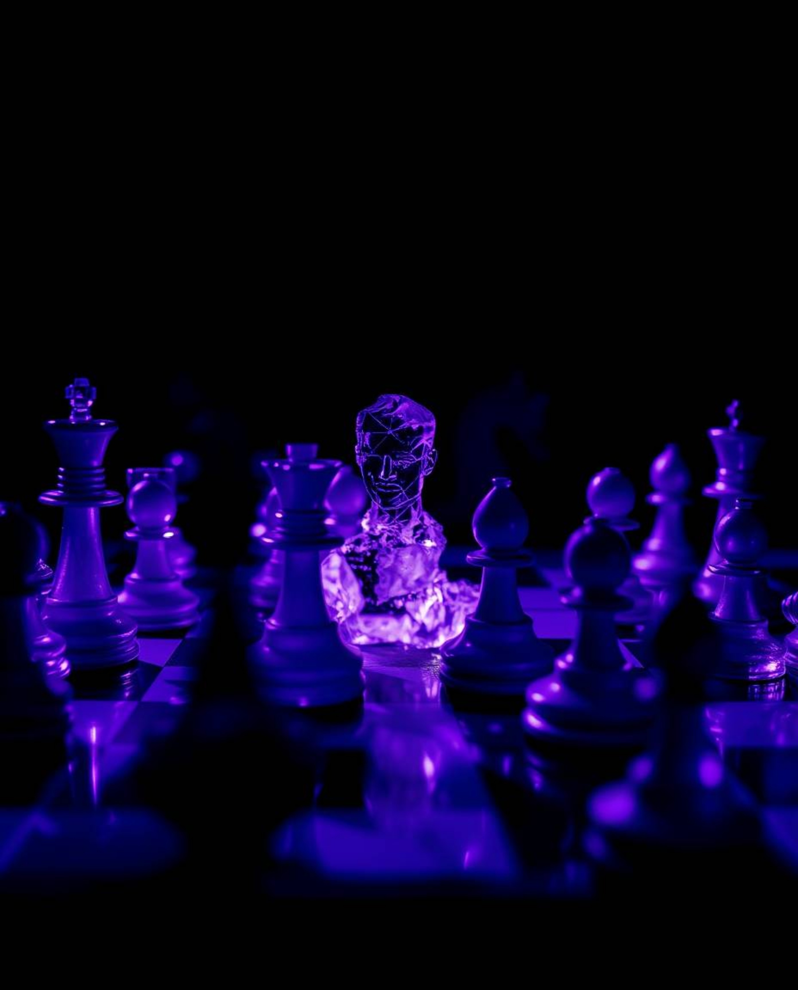 A chessboard frozen in a moment of dramatic destruction, bathed in deep ultraviolet hues. High contrast and low-key lighting 