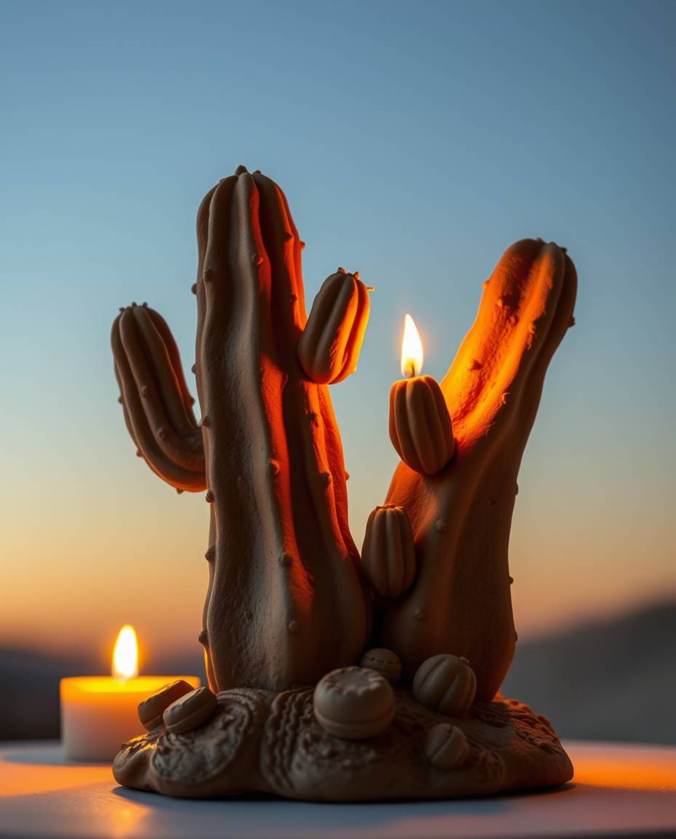A sculptural clay art piece depicts a desert cactus glowing in the last rays of the sun. The scene is further illuminated by