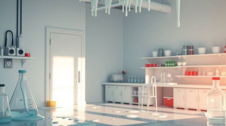 Explore a mesmerizing science lab coated in slime, bathed in gentle, soft light that accentuates smooth gradient transitions 