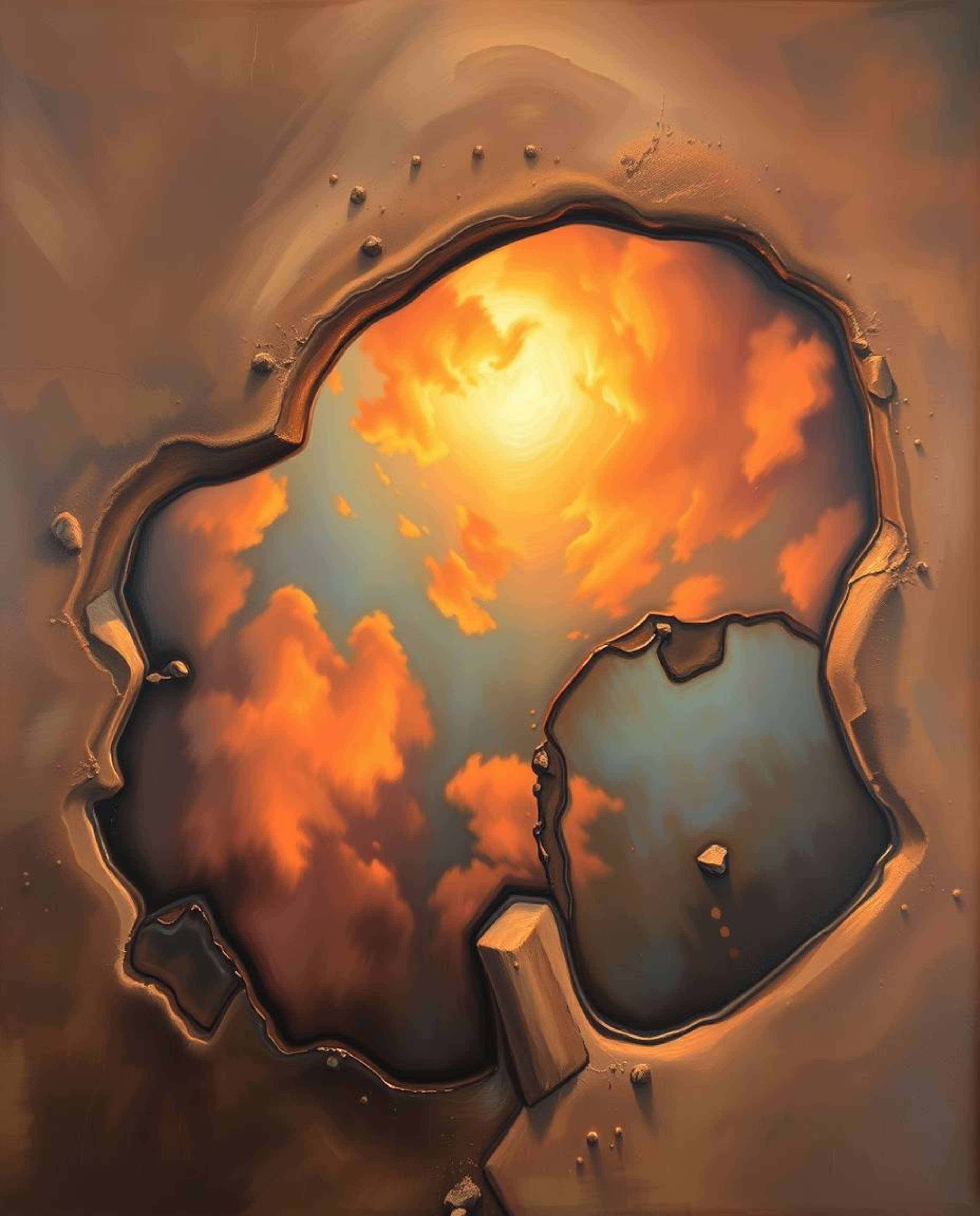 A classic oil painting captures a stunning overhead bird’s eye view of a sunset sky mirrored in tidal pools on a beach. This 