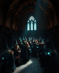Immerse yourself in a magical school teeming with young wizards, brought to life with striking chiaroscuro lighting. The warm