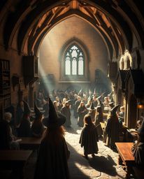 Discover a captivating image of a magical school brimming with young wizards.  Rendered in natural earth tones with strong, h