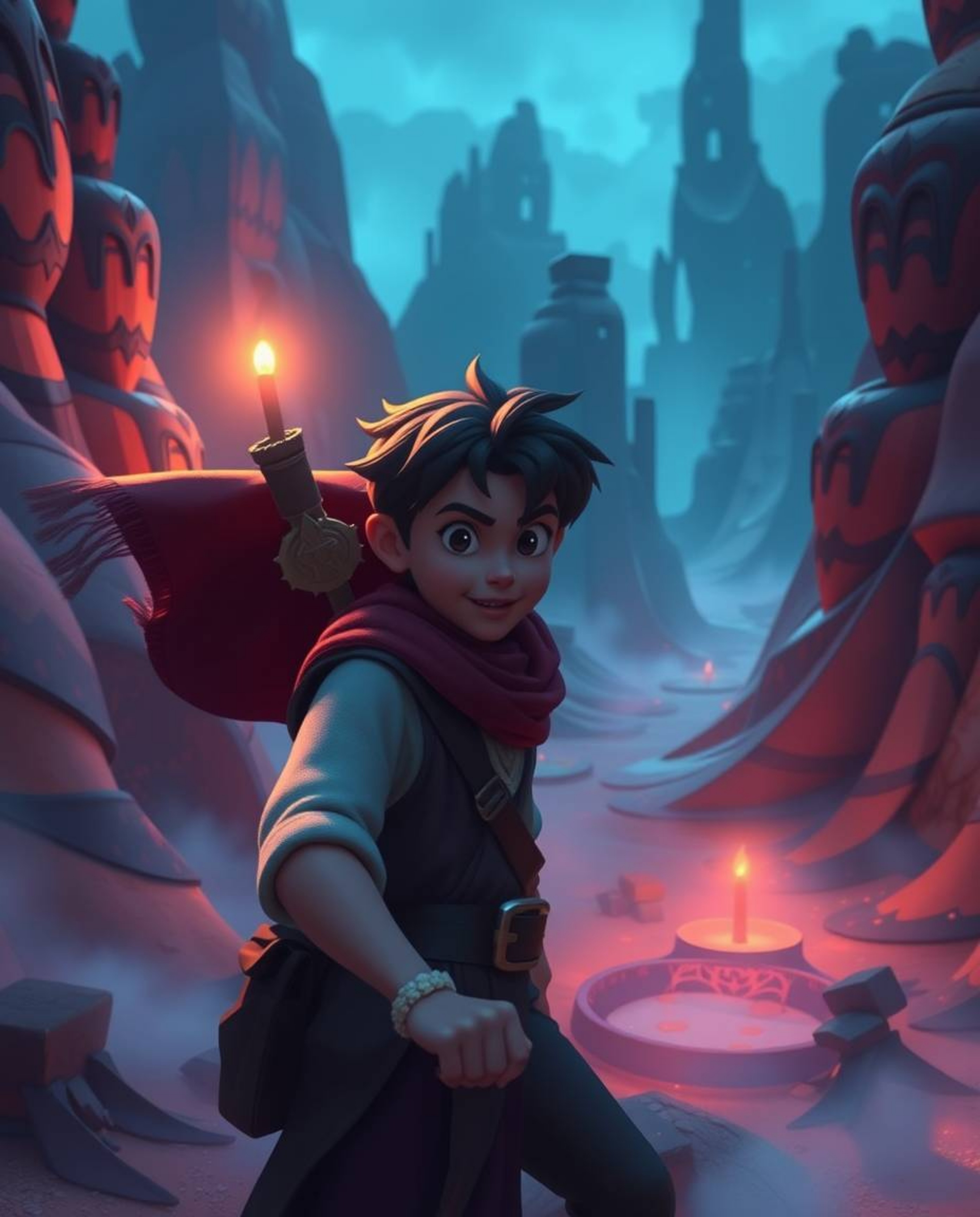 Embark on a captivating desert adventure with a brave Disney-style hero in a mystic and enchanting environment. Rich burgundy