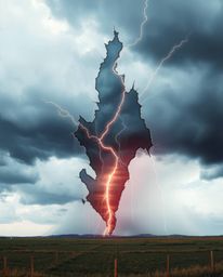 A mesmerizing digital glitch landscape showcasing an intense dramatic weather scene with stormy skies and a palpable sense of