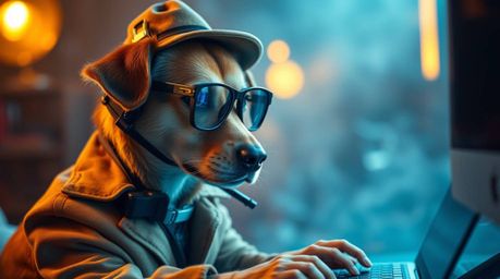 A captivating high-resolution stock photo showcasing a dog detective utilizing advanced technology.  The image features a sof